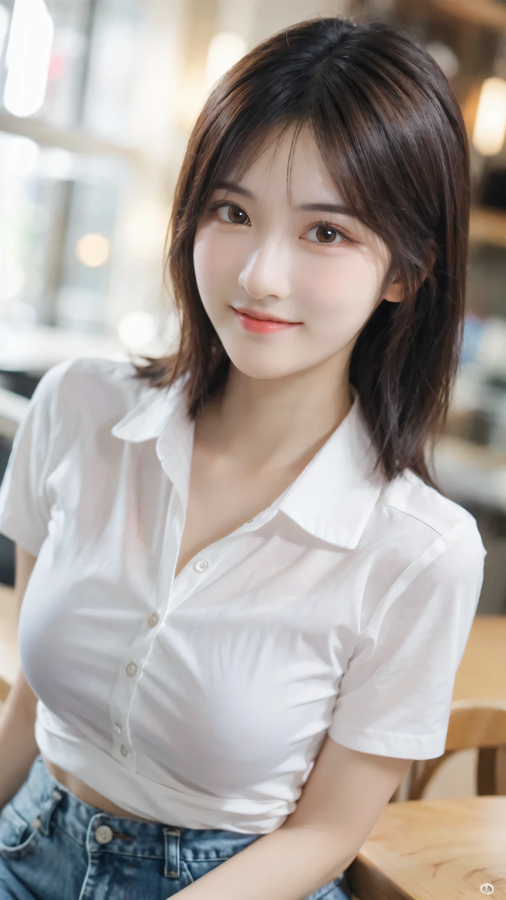 (8k, RAW Photo, Best Quality, Masterpiece:1.2), table top, Ultra Detail, Super Resolution, (Realistic, Realistic Photo:1.37), Portrait, High Detail RAW Color Photo, Professional Photo, Extremely Detailed and Beautiful, Extremely detailed, 8k wallpaper, amazing and detailed, huge file size, official art, highly detailed CG unity 8k wallpaper, highly detailed beautiful girl, highly detailed face, highly detailed eyes, highly detailed skin, highly detailed fingers, highly detailed nose, very detailed detailed mouth , perfect anatomy, highly detailed background, highly detailed clothes, 1girl, 1 girl, cute girl, realistic body, fair skin, glowing skin , slim body, handsome body, black hair , semilong hair, (blunt bangs:1.2), smile, cute, youthful, cute face, realistic face, delicate eyes, drooping eyes, looking at viewer, facing front, standing posture, Contraposto, (medium chest), (Perfect Body Proportions), (slender Body Proportions), super sexy pose, (white shirt), (jeans pants), (authentic bar),