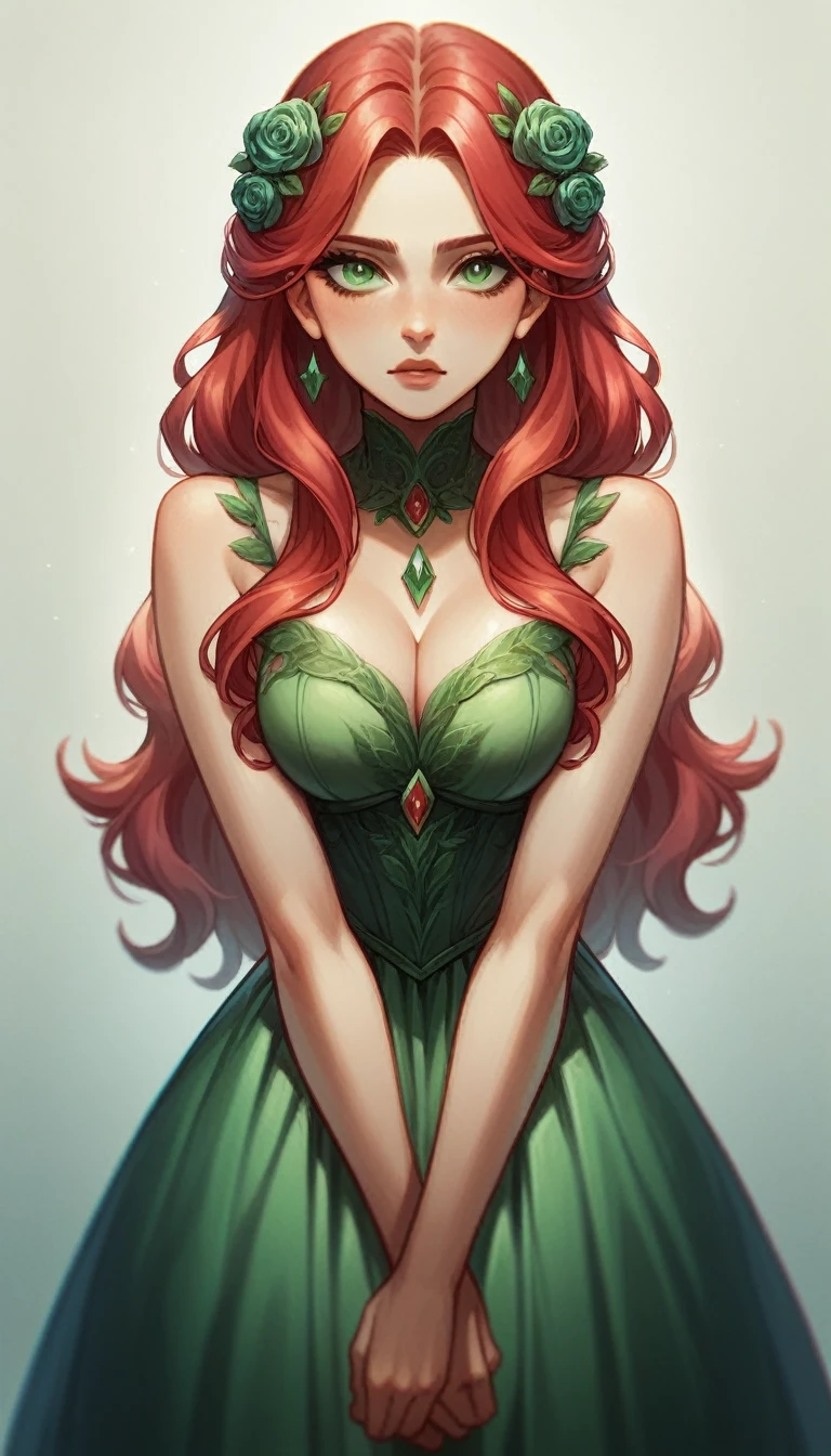 fanart style, Make a girl with all red hair with purple tips and green eyes and a beautiful dress