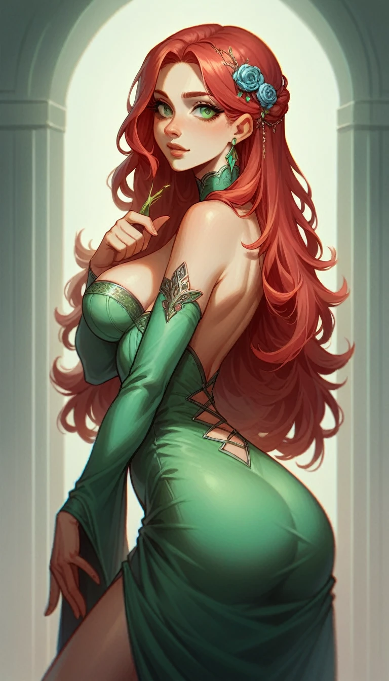 fanart style, Make a girl with all red hair with purple tips and green eyes and a beautiful dress
