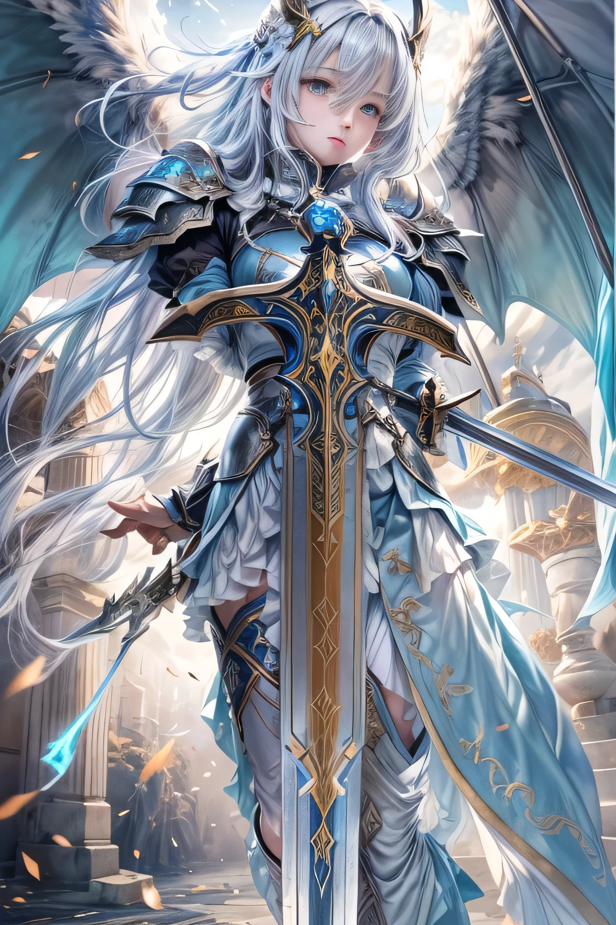 A female knight recognized by the legendary holy sword Excalibur、With the protection of the spirit of light, it emits an aura of light.、8k.Half Russian and half Japanese、Russian face、beautiful girl、A princess with the title of Dragon Slayer、、Small face、Young face、Big eyes、Skinny、Small breasts、(((Silver Hair、Silver Hair)))、With bangs、(((High resolution big beautiful light blue glowing eyes, )))、Shortcuts、Bobcut、(((Red ribbon in hair、Floral decoration)))、Partially braided、Transforms into an armored knight at the call of the holy sword Excalibur.、Large sword、A holy sword that emits a pale blue light、((god々He holds up his sword, shining a deep blue, to the sky.))、god々A sword that shines brilliantly、Magic Sword Light Shield、Armor of Light、fantasy landscape、Fantasy、(Battle with the Dark Knight、Fighting the Demons、Fighting the beastmen)A dragon knight riding a flying dragon through the sky、The sword swings down, leaving a trail of light in its wake.