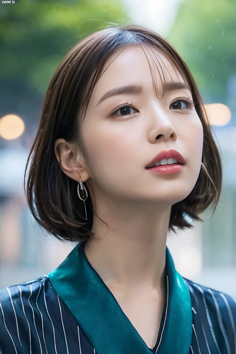 Realistic , realism , 8k , 1.4 Official Art，Super detailed , Highest quality,(Heavy rain falls on the street) ,Green Cold Calculation Lookeye , Not laughing , Dense Short、Non-adhering smooth hair ,((Large Breasts))average length ,well-proportioned body , Highly athletic and toned body , 体の輪郭にぴったりフィットするWetシャツを着る , water droplets shine, Improved fabric transparency, Gazing at the sky , Wet , Close your eyes and let the water droplets reach your face. , look up