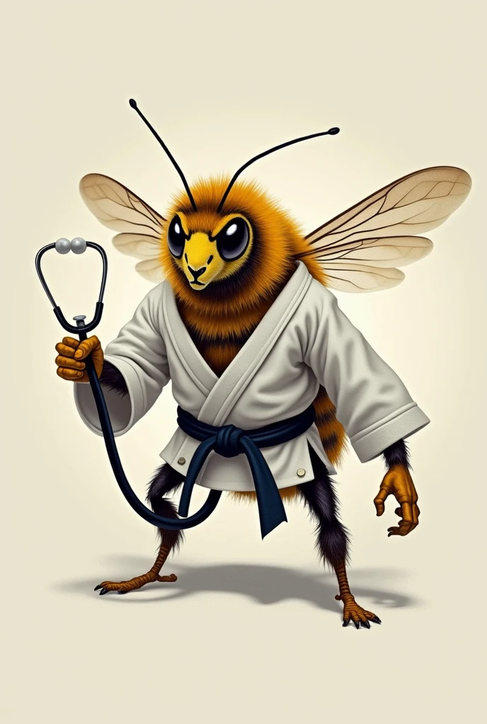 Bee with judo kimono and a stethoscope in hand with an angry face