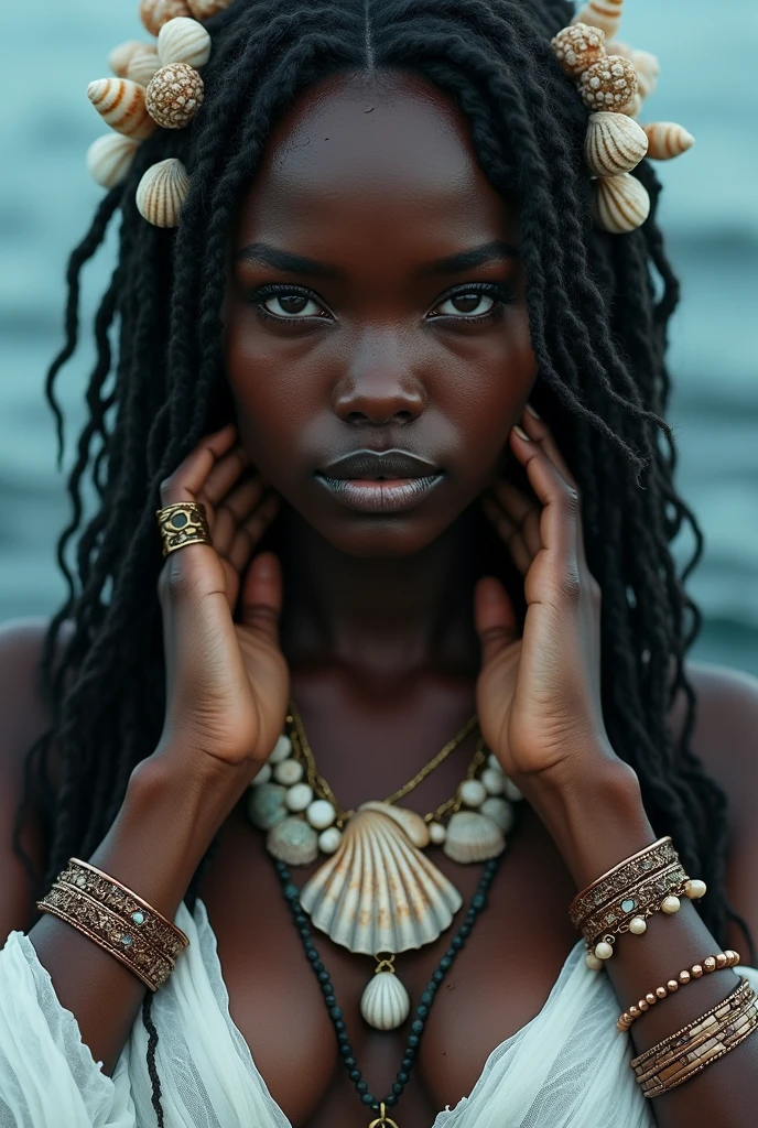 A black woman coming out of the sea wearing white clothes ..with shells and seashells in her hair,copper and stone bracelets on the wrist and 3d shell necklaces , close up hyperrealistic image.