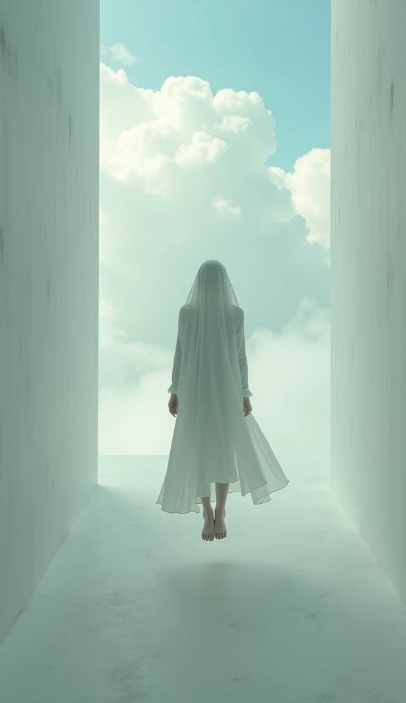 A surreal, dream-like scene of a levitating, faceless woman in an empty, ethereal room, with a vast, cloudy sky in the background, (best quality,4k,8k,highres,masterpiece:1.2),ultra-detailed,(realistic,photorealistic,photo-realistic:1.37),levitating woman,faceless,empty room,cloudy sky,surreal,transcendence of reality,return to self,denial of reason and logic,unity of fantasy and reality,combination of past and future,mystery,absurdity,weirdness