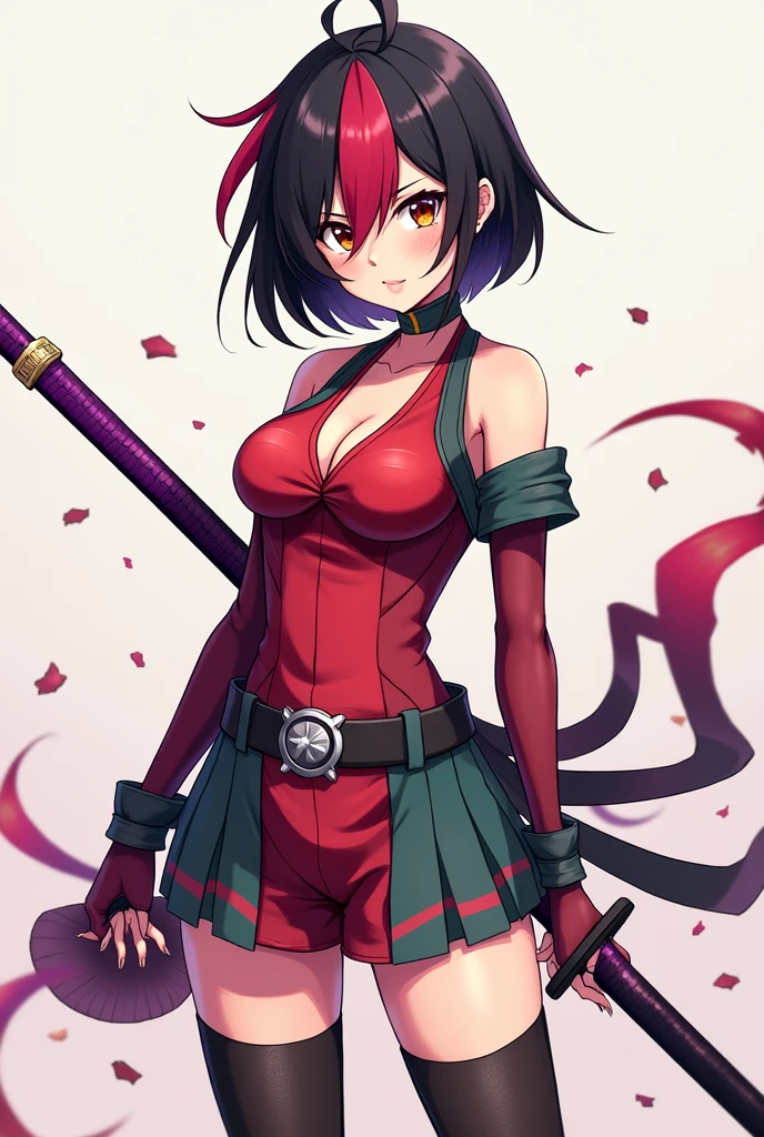 Anime Girl Short Black Hair with Red Streak, purple katana, fully body, red and green short outfit,