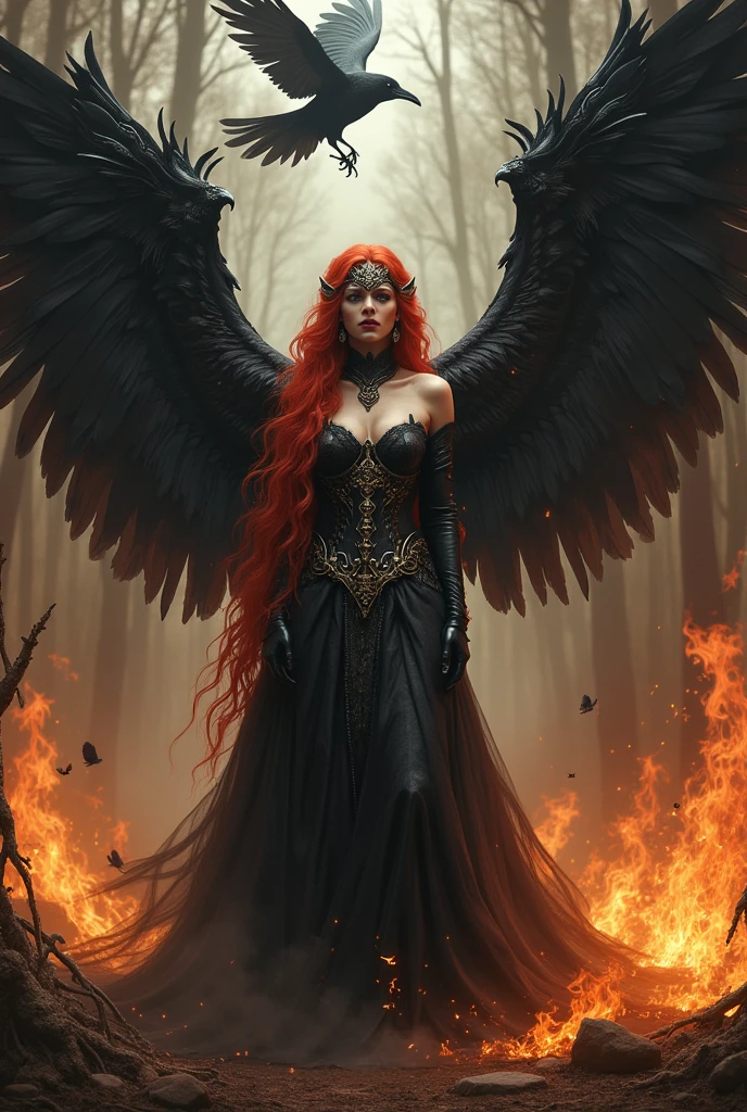 The red-haired and masked princess stands sideways, looking at her broken and very, very large wings., She has a very good physique and her dress is very nice..Kanatları KIRIK ÇATLAK KIRIK BROKEN.There is a forest on fire and there are big crows around..Her wings has broken broken broken broken broken.He looks at his cracked wings with mixed sadness and anger.be closer to the screen and have one wing, his face is wrinkled with pain and anger.But let it be attractive and pure beauty