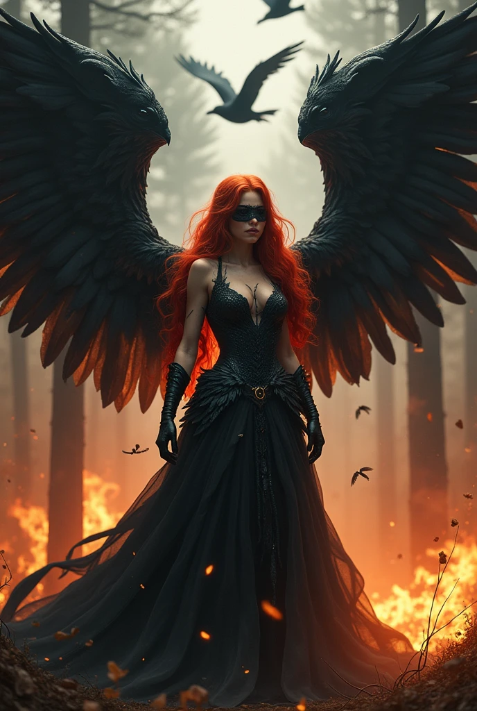 The red-haired and masked princess stands sideways, looking at her broken and very, very large wings., She has a very good physique and her dress is very nice..Kanatları KIRIK ÇATLAK KIRIK BROKEN.There is a forest on fire and there are big crows around..Her wings has broken broken broken broken broken.He looks at his cracked wings with mixed sadness and anger.be closer to the screen and have one wing, his face is wrinkled with pain and anger.But let it be attractive and pure beauty