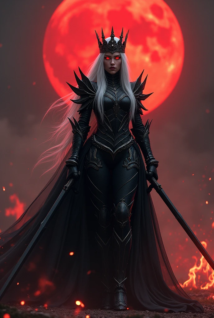 Woman. Black medieval armor. Neve . fire . swords . white  hair. eerie glowing red eyes . Red moon in the background . crown on head 