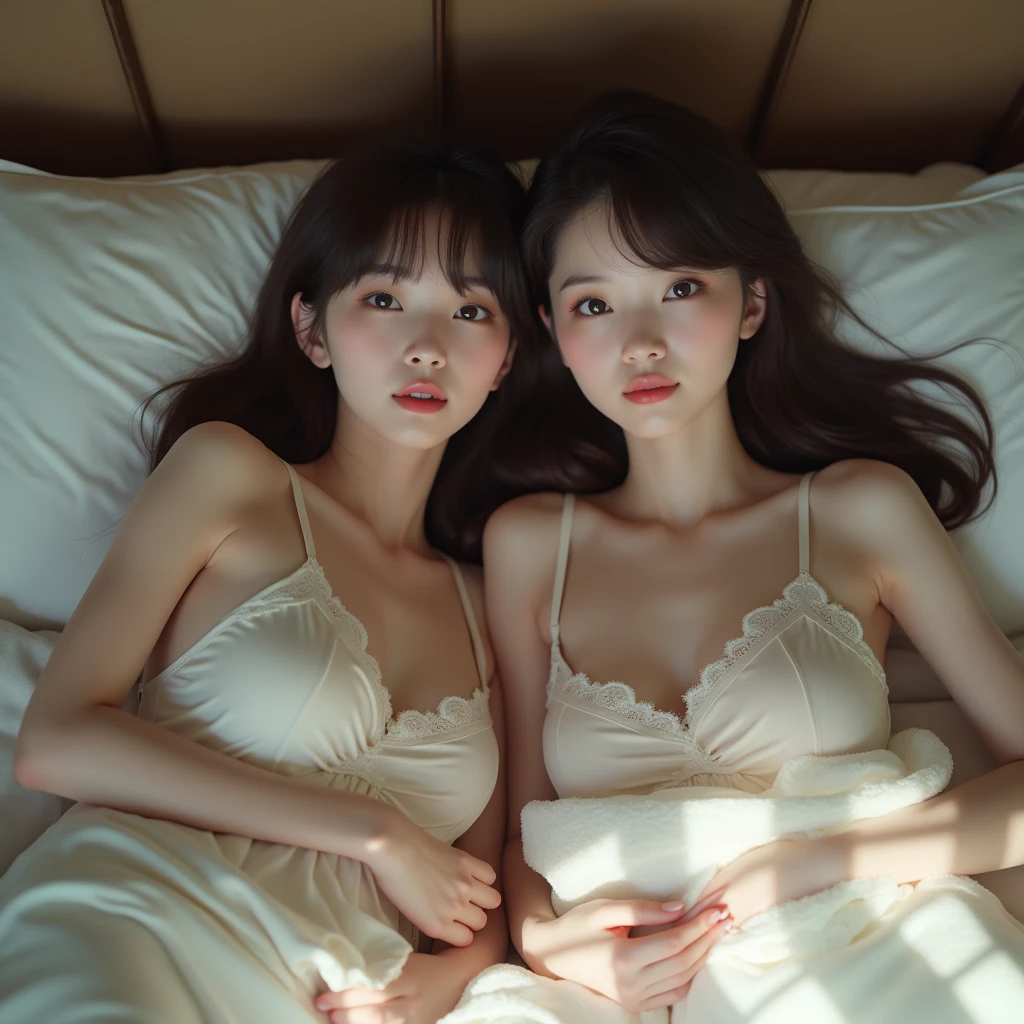Realistic photo, two japanese women,, Lie on the bed with your legs spread, Detailed face and body, Natural light, High resolution, photoRealistic, (Highest quality,8k,High resolution,masterpiece:1.2),Very detailed,(Realistic,photoRealistic,photo-Realistic:1.37),Realistic skin texture,Fine eyes and lips,Beautifully detailed face,Long eyelashes,Smooth Skin,Natural body shape