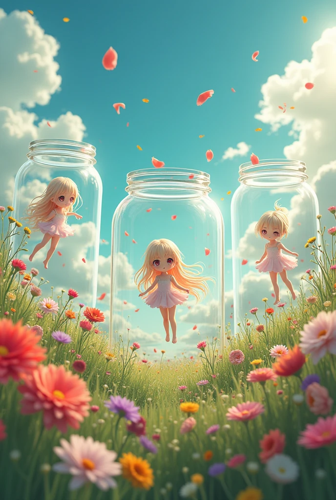 Anime characters in glass jars surrounded by flowers like a meadow.