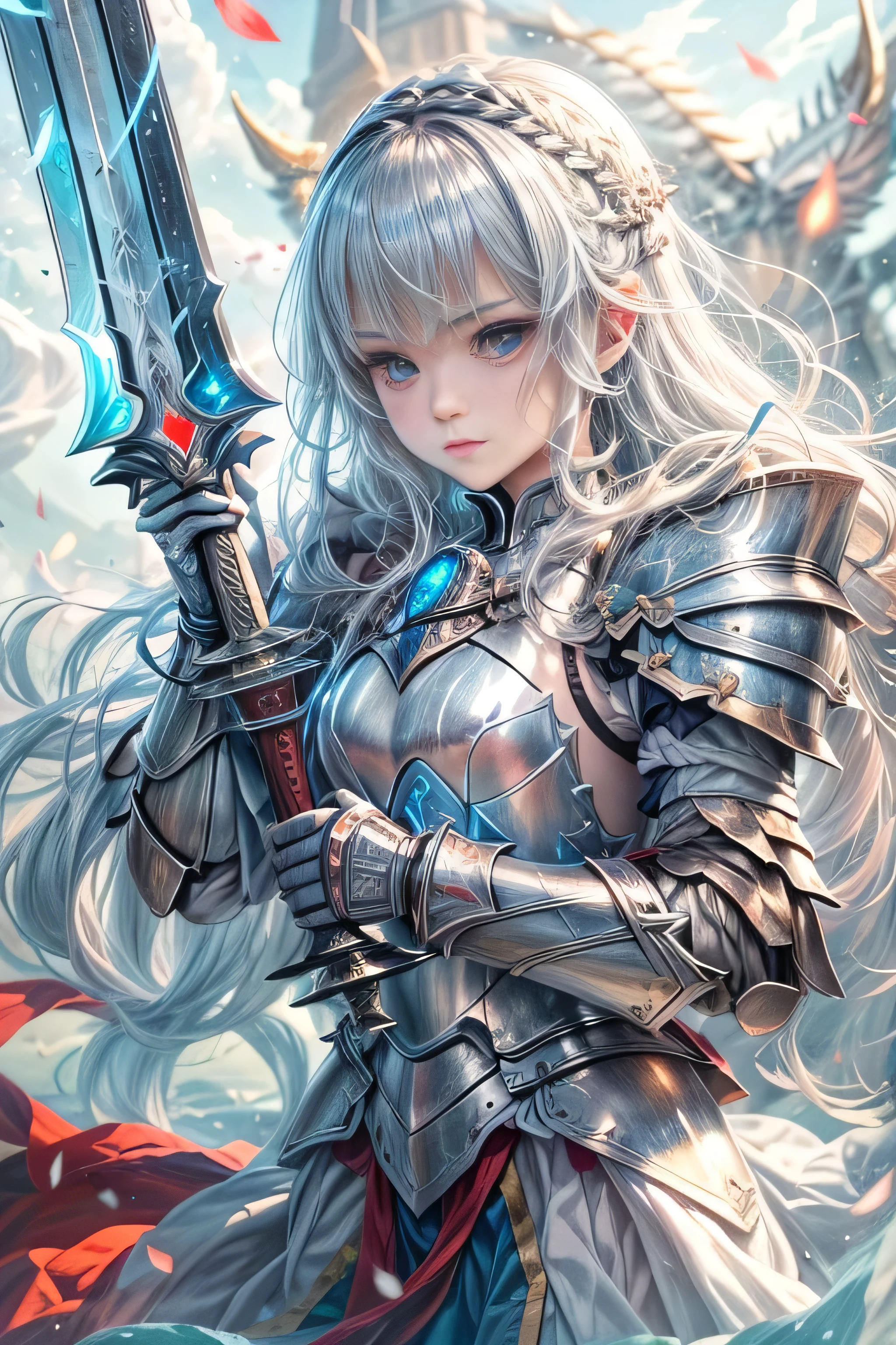 A female knight recognized by the legendary holy sword Excalibur、With the protection of the spirit of light, it emits an aura of light.、8k.Half Russian and half Japanese、Russian face、beautiful girl、A princess with the title of Dragon Slayer、、Small face、Young face、Big eyes、Skinny、Small breasts、（（（Silver Hair、Silver Hair）））、With bangs、（（（High resolution big beautiful light blue glowing eyes, ）））、Shortcuts、Bobcut、（（（Red ribbon in hair、Floral decoration）））、Partially braided、Transforms into an armored knight at the call of the holy sword Excalibur.、Large sword、A holy sword that emits a pale blue light、（（god々He holds up his sword, shining a deep blue, to the sky.））、god々A sword that shines brilliantly、Magic Sword Light Shield、Armor of Light、fantasy landscape、Fantasy、（Battle with the Dark Knight、Fighting the Demons、Fighting the beastmen）A dragon knight riding a flying dragon through the sky、The sword swings down, leaving a trail of light in its wake.