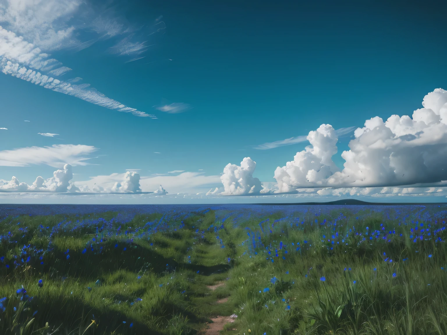 a field of blue flowers with a green sky and black clouds