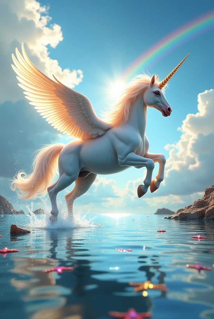 An alicorn jumping in the water and there are clouds around them and lots of rainbows and starfish and lots of sparkles and it being daytime and everything being very magical
