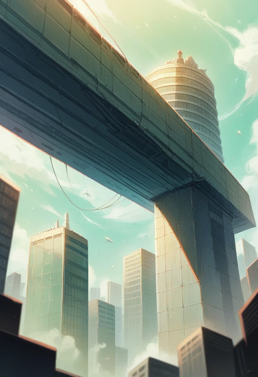 ((anime style Ghibli)), extremely detailed, An aerial view from the top of a skyscraper in a dense, Futuristic cityscape, with the perspective showing a person&#39;s legs and feet hanging over the edge. The person is wearing brown sneakers and camouflage pants... The city below is illuminated with numerous lights., Giving a vibrant and lively feel. The general atmosphere is adventurous and slightly risky.., with a focus on height and the urban environment. The scene is a little blurry., adding a sense of mystery and depth to the urban landscape,
