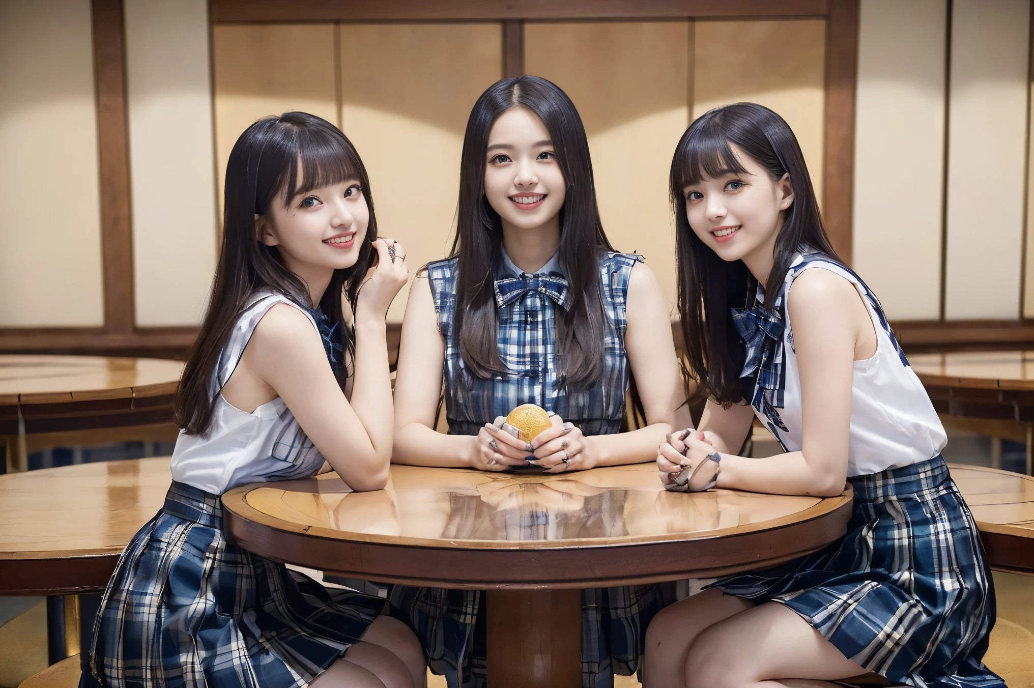 (Highest quality, masterpiece:1.2), Highest quality, Realistic, photograph, High resolution, 1080P, 8k, Physical Rendering, ((height: 155cm、Slim and slender style、medium firm chest)), ((((((Beautiful fashion models featured in Japanese fashion magazines。、Look directly at the viewer)))))), (((big, Very fine, Beautiful dark brown eyes))), ((((Everyone loves me、They are Laughter at me.!)))), Detailed fingers, (((length, Curled bangs))), ((((Very noble and cute eyes, Every detail is carefully drawn)))), ((double eyelid)), (((length eyelashes))), ((cute、Adorable、Adorable、Laughter、Laughter頬)), ((. Her eyes and the white skin of her face are beautifully white..........)), (((((Her face is very expressive、With a noble smile。, Very fun smiling beauty, Very clever smile))))), ((((A striking plain navy large school ribbon bow tie)))), ((((Her beautiful long black hair fluttering in the strong wind、Fluttering Hair)))), (((((((She is wearing a formal long pleated skirt.., Blue and navy tartan check, ))))))), ((((The size is a bit small、She is wearing a white sleeveless shirt with a gold emblem)))), ((As elegant as a noble princess)), ((Tight waist((((((Very close))))))、((((((Three high school girls sitting around a round table in summer)))))、Shortcut Straight Hair