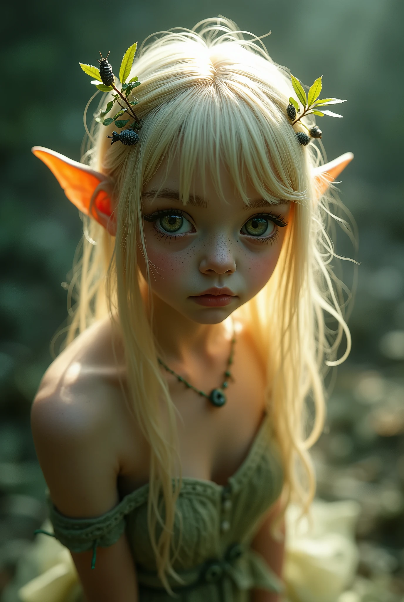 (Realystic:1.4), analog photo style, depths of field, (a blond-haired adult Pixie with different eyes), (small leaves and insects got tangled in wet hair), wide waist, (her full body is a visual pleasure), view from above, dark fantasy atmosphere, deep shadows with the some sun rays, a delicate balance between reality and fantastic, faded colours, great quality, Masterpiece, most detailed blurred surreal background, naturally cinematic light, 16k quality, kodak porta 400, bokeh.