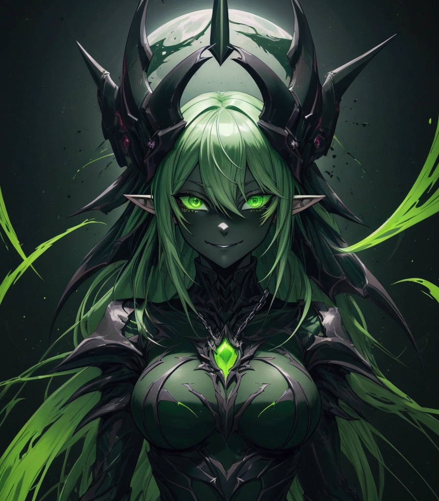 masterpiece, best quality, high quality,(a dark shapeless creature with a dark green glow and green eyes and surrounded by darkness and Bright:1.2), (darkness:1.2), abstraction, abyssopelagic, award winning photography, Depth of Field, HDR, extremely detailed, trending on artstation, trending on CGsociety, Intricate, High Detail ,Cybergoth , Sharp green multi-colored Eyes, Exaggerated evil facial expressions , (masterpiece), best quality , bright green hair, multi-colored hair , Space theme , White particles, wallpaper, Gothic , Elf , Anime , HD , Evilness , Demon lord , Cosmic Being , gore , Goddess , psychopath , Dark Theme , provocative smile, closed mouth, (evil:1.2), heterochromia, portrait, glitchcore, chains, yameroyandere, constricted pupils, yandere, empty eyes, shaded face, crazy eyes, glowing eyes, crazy smile, dark , Very Small breast