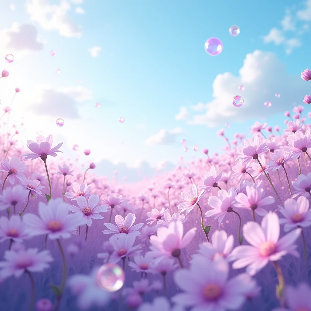 Spring field of colorful pastel purple flowers. Image should show the blue sky with purple clear bubbles floating around. 