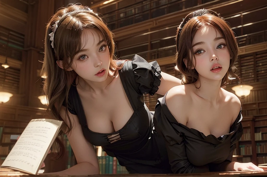 ((4 sexy maids girl in fancy big library - brunette, red head, blond)), best quality, masterpiece, (photorealistic:1.4), ((ROW Photo)),