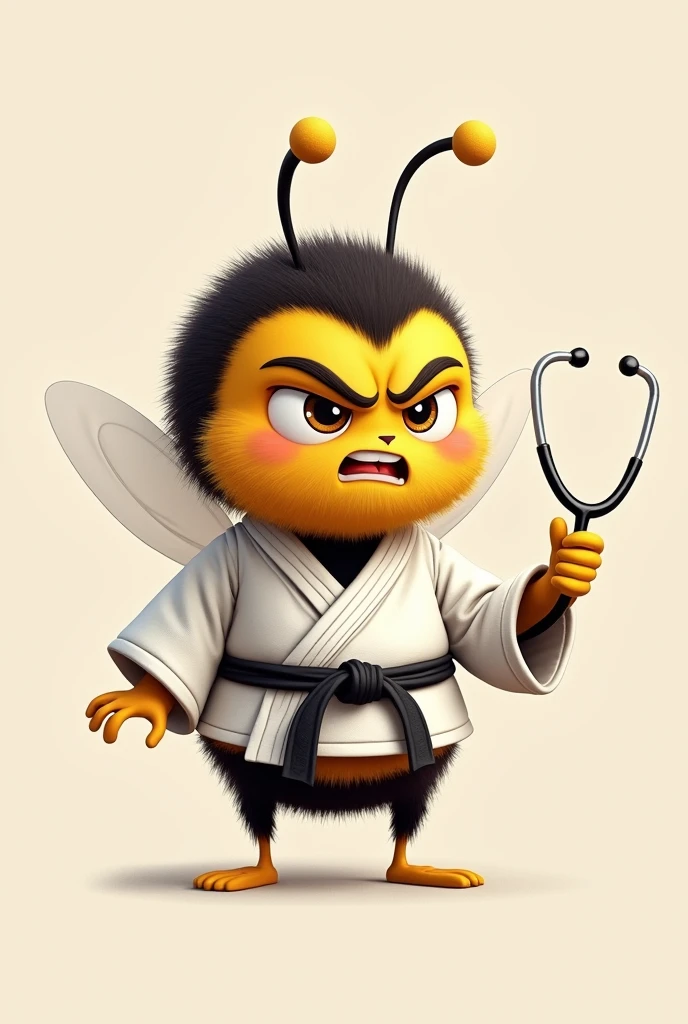 Cute bee in judo kimono and stethoscope in hand with angry face