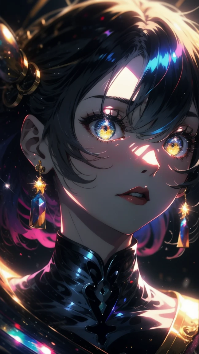 Anime girl looking sideways, Red lips, Golden eyes with blue sparkles like a galaxy, free hair, 