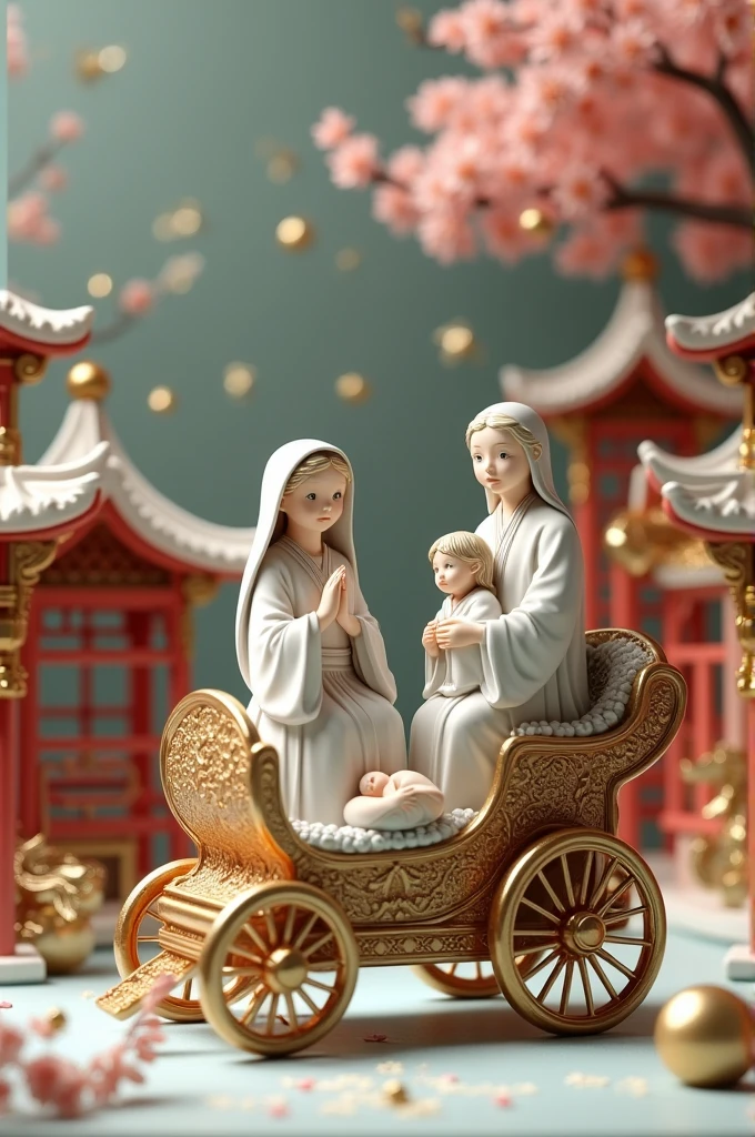 Create a Christmas nativity scene on a carriage that has a china theme 


