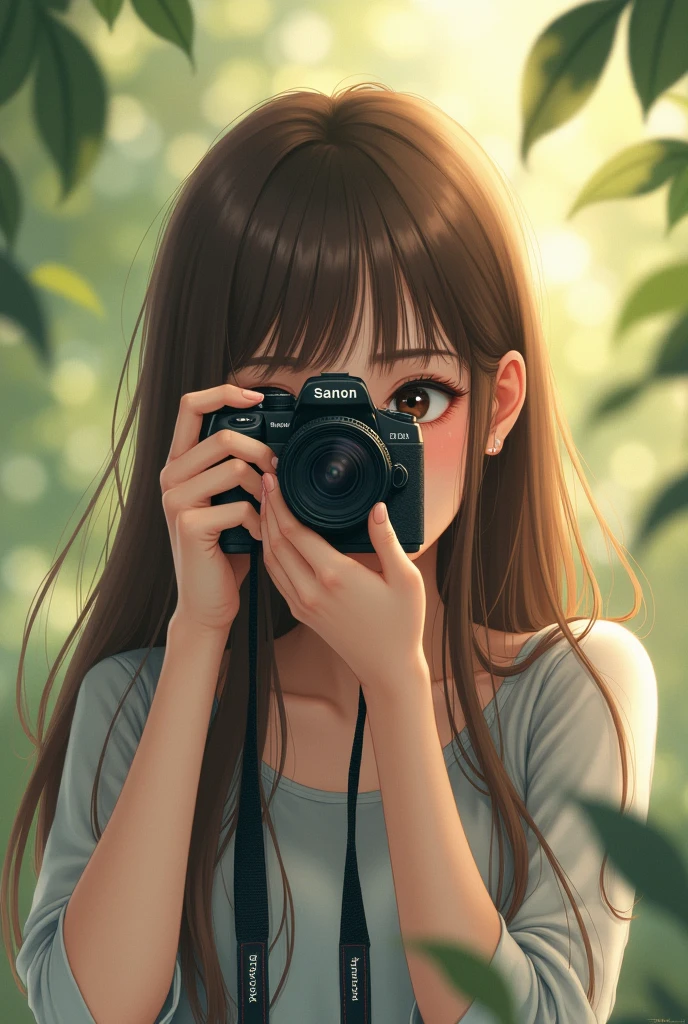  girl with long straight brown hair taking a photo 