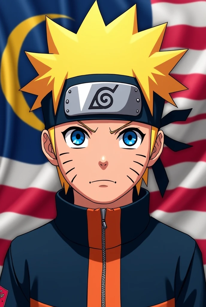 Naruto uzimaki realistic real life portrait with background Malaysia flag