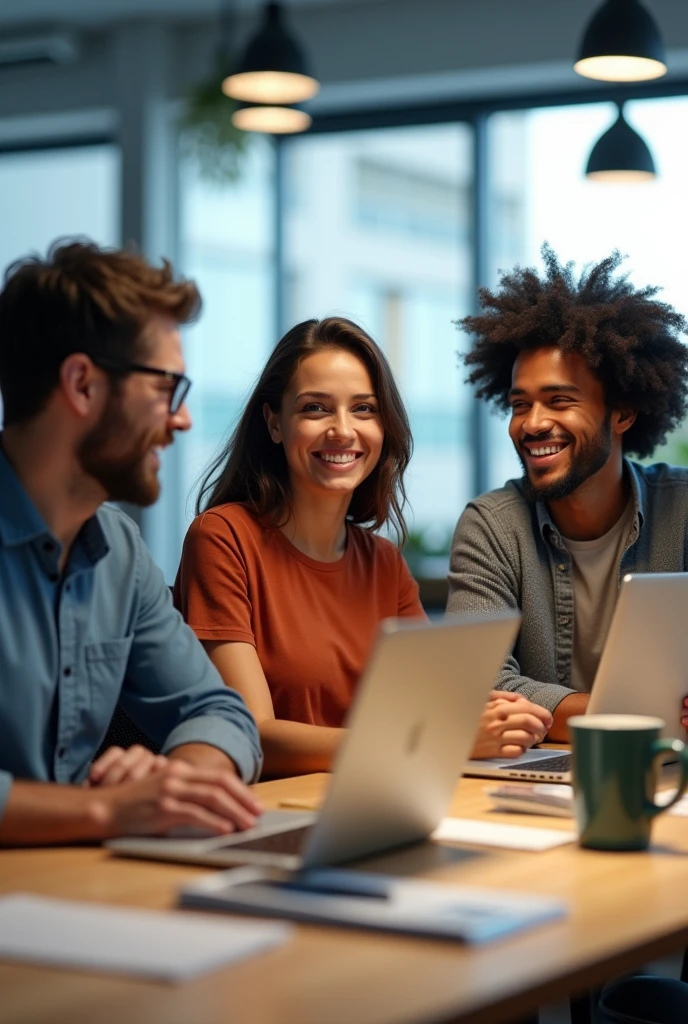 3 realistic software developers, looking at the camera happily