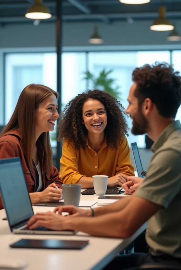 3 realistic software developers, looking at the camera happily