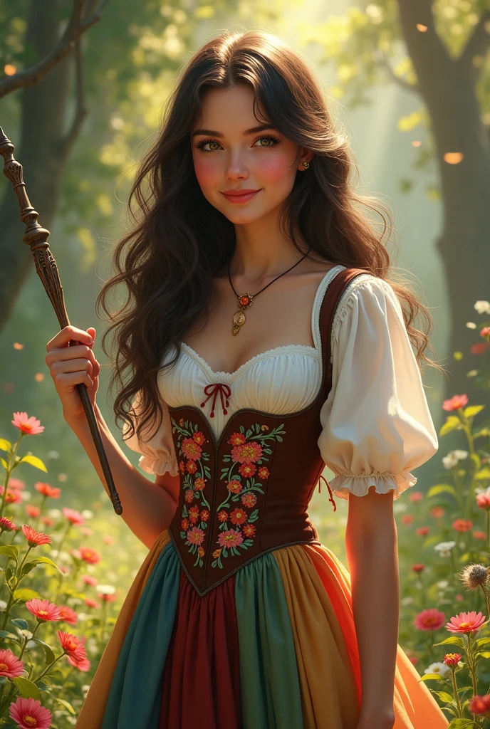 A bard with dark brown long hair and brown eyes. She looks like Lucy Gray. she smiles. She has a simple magic wand in her hand. She is wearing a white blouse, over it a corset embroidered with flowers and a colorful skirt.