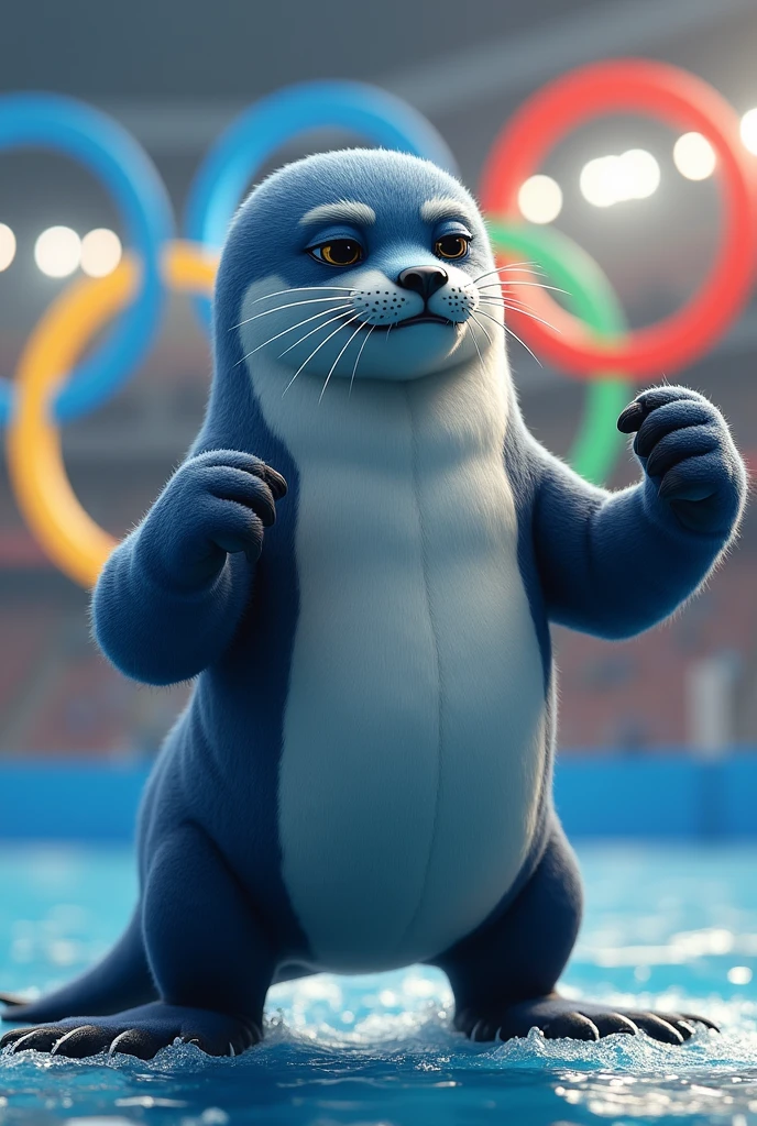 An adult sporty seal mascot doing an athletic pose for the Olympics