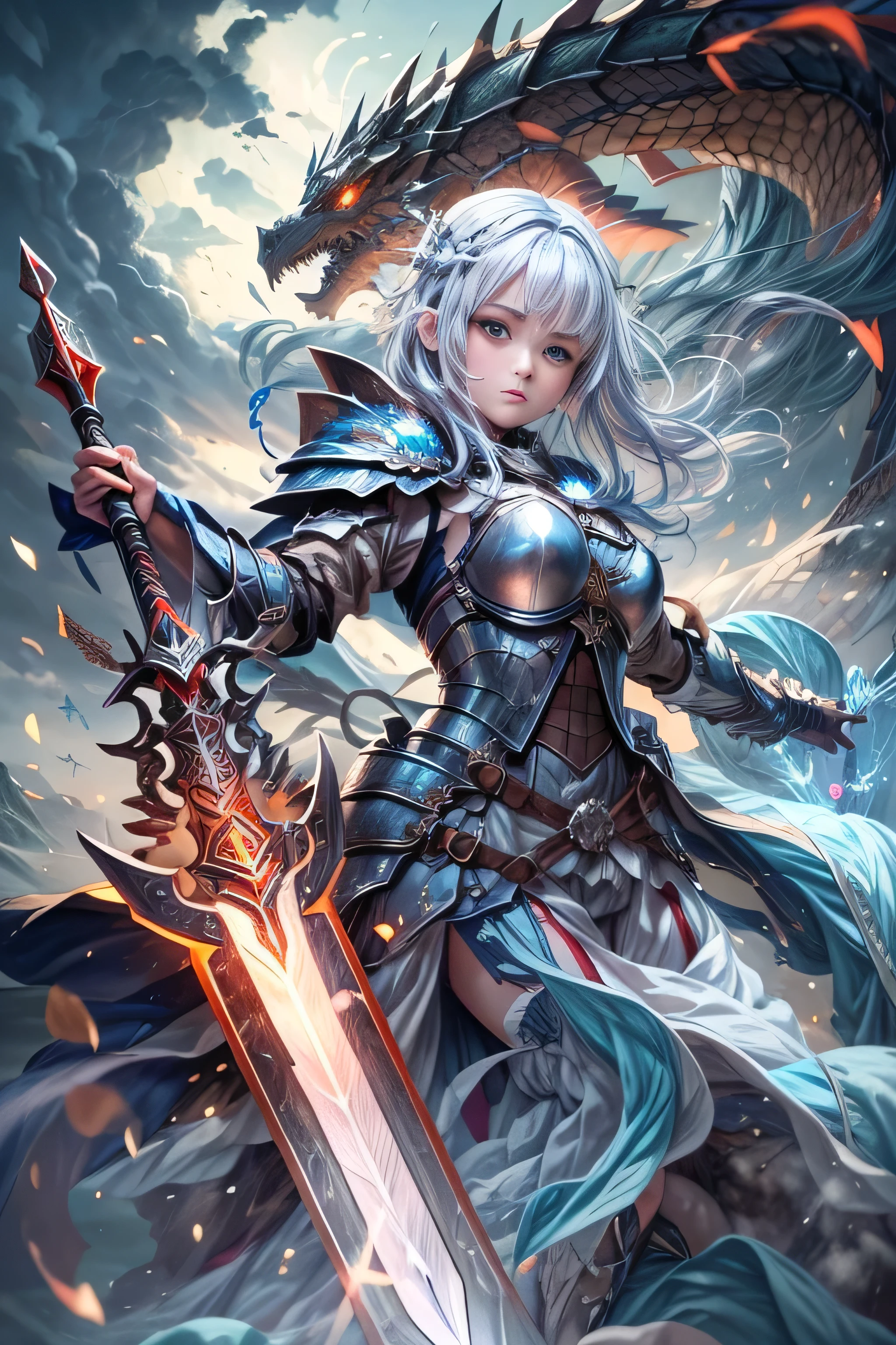 A female knight recognized by the legendary holy sword Excalibur、With the protection of the spirit of light, it emits an aura of light.、8k.Half Russian and half Japanese、Russian face、beautiful girl、A princess with the title of Dragon Slayer、、Small face、Young face、Big eyes、Skinny、Small breasts、(((Silver Hair、Silver Hair)))、With bangs、(((High resolution big beautiful light blue glowing eyes, )))、Shortcuts、Bobcut、(((Red ribbon in hair、Floral decoration)))、Partially braided、Transforms into an armored knight at the call of the holy sword Excalibur.、Large sword、A holy sword that emits a pale blue light、((god々He holds up his sword, shining a deep blue, to the sky.))、god々A sword that shines brilliantly、Magic Sword Light Shield、Armor of Light、fantasy landscape、Fantasy、(Battle with the Dark Knight、Fighting the Demons、Fighting the beastmen)A dragon knight riding a flying dragon through the sky、The sword swings down, leaving a trail of light in its wake.
