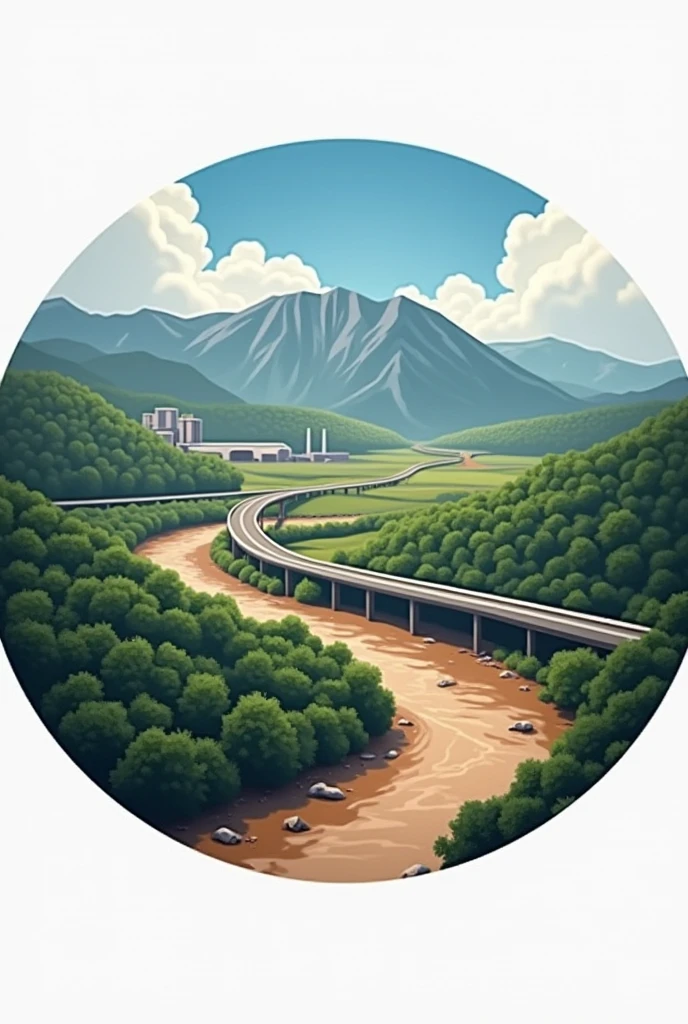 Create a circular badge. In the lower right corner of the circle, place the Paraíba do Sul River with muddy water.. In the middle of the circle, from the bottom to the top, place the Presidente Dutra Highway following the river in the same direction and filling the entire image. In the lower left corner, place a Factory that is clearly highlighted.. In the upper part of the inner circle place the mountains of the peak of the black needles. In the lower left corner of the inside of the circle place the round hemlock forest. Make the image less oval and more realistic.