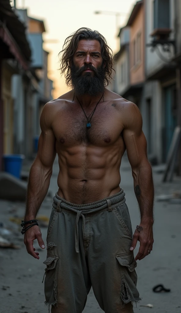 white man with defined physique, hairy, wavy brown hair, bearded, loose gray pants, torn, dirty with dirt , beggar , beggar appealing , homem beggar , beggar gostoso ,beggar sujo, homeless , appealing , poor area of the city , nightfall