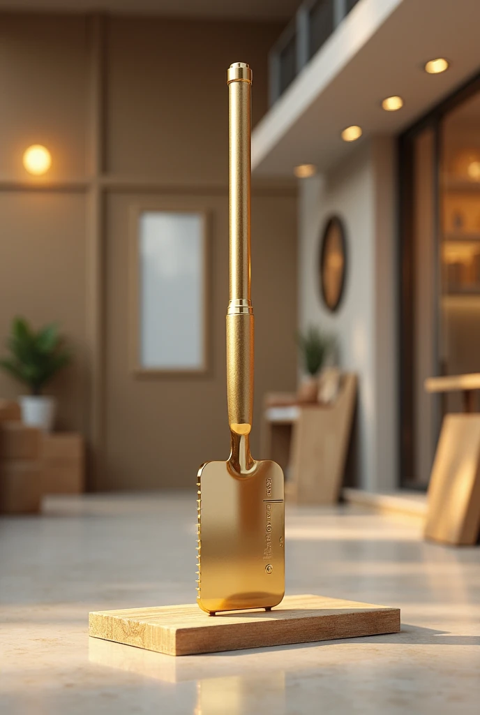Create an image of a gleaming construction tool in golden, White and beige tones, symbolizing craftsmanship and innovation. The tool should be prominently featured against a minimalistic shop background, conveying a sense of anticipation and excitement. Include subtle hints of a shop or storefront in the background to suggest that we will soon be opening a store. Overall, the image should evoke a feeling of quality and readiness, inviting our audience to look forward to our upcoming launch