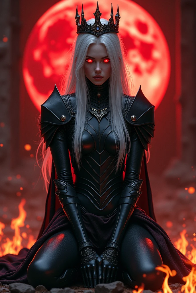 Woman. Black medieval armor. Neve . fire . white hair. eerie glowing red eyes . Red moon in the background . crown on head . on his knees