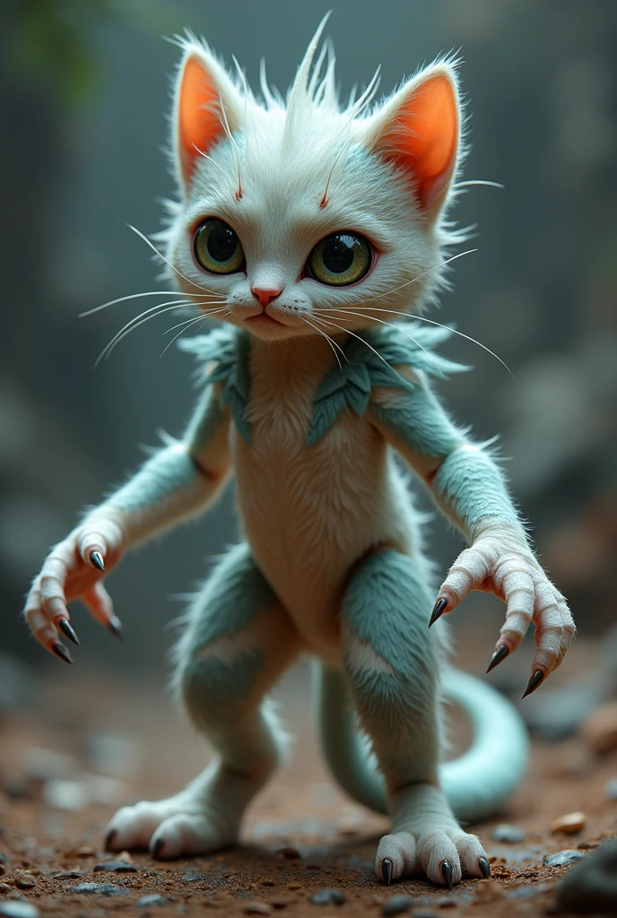 Alien animal, which I came up with, it's called "Alien cat". This creature has the shape of a body, reminiscent of a cat, but with some differences. He has four limbs., each of which ends in five fingers with sharp claws. The head is round, with big eyes and ears, which can rotate 360 degrees. The body is covered with fluffy fur of different colors and shades.