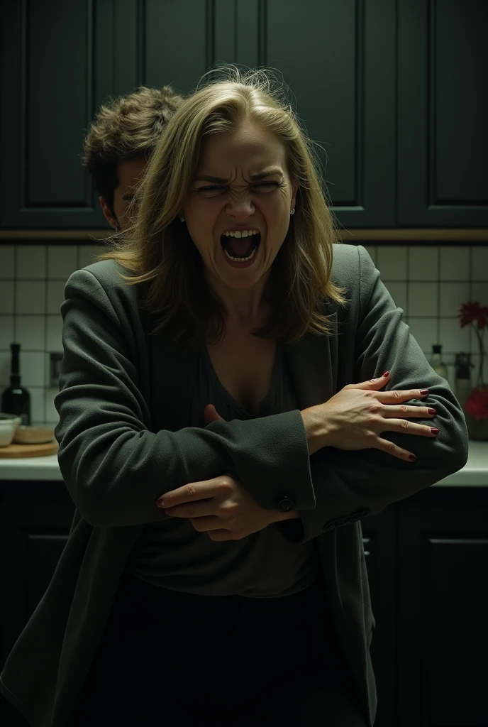 cinematic, photo realistic film poster of a women in anger (fight) tightened by her husband with both his hand from behind, night, kitchen , tension