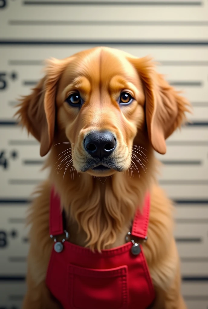 Golden retriever in red overalls wanted by police in mugshot