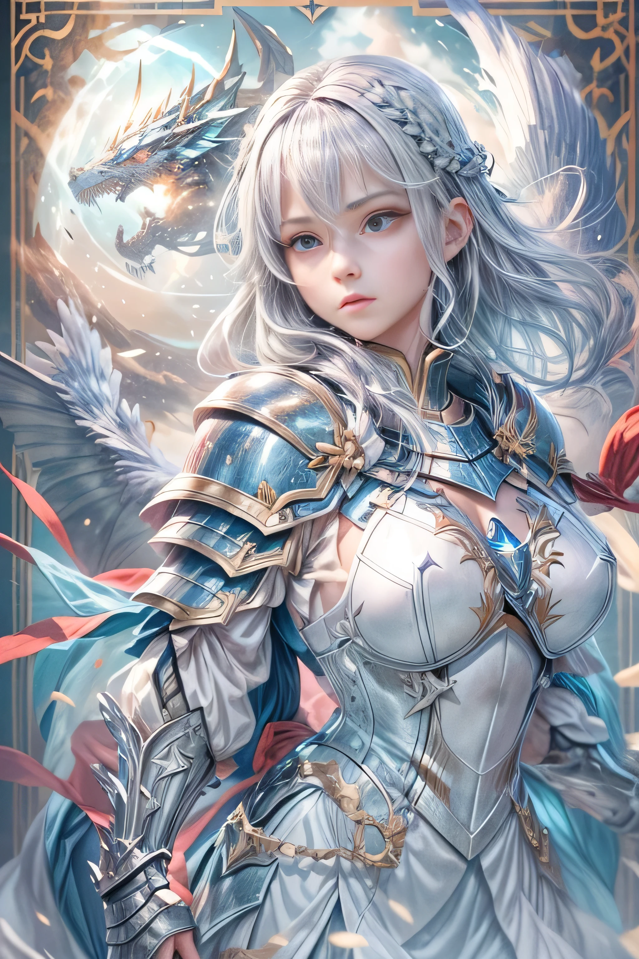 A female knight recognized by the legendary holy sword Excalibur、With the protection of the spirit of light, it emits an aura of light.、8k.Half Russian and half Japanese、Russian face、beautiful girl、A princess with the title of Dragon Slayer、、Small face、Young face、Big eyes、Skinny、Small breasts、(((Silver Hair、Silver Hair)))、With bangs、(((High resolution big beautiful light blue glowing eyes, )))、Shortcuts、Bobcut、(((Red ribbon in hair、Floral decoration)))、Partially braided、Transforms into an armored knight at the call of the holy sword Excalibur.、Large sword、A holy sword that emits a pale blue light、((god々He holds up his sword, shining a deep blue, to the sky.))、god々A sword that shines brilliantly、Magic Sword Light Shield、Armor of Light、fantasy landscape、Fantasy、(Battle with the Dark Knight、Fighting the Demons、Fighting the beastmen)A dragon knight riding a flying dragon through the sky、The sword swings down, leaving a trail of light in its wake.