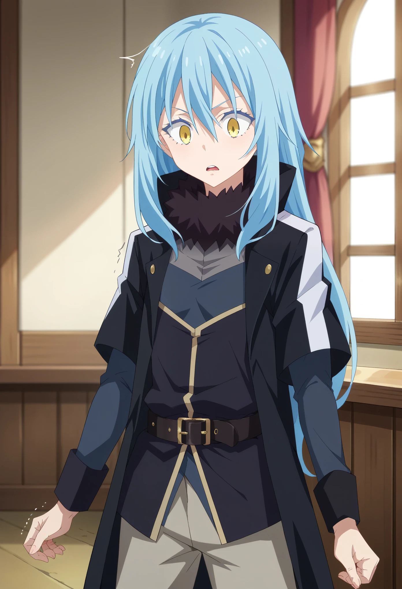score_9, score_8_up, score_7_up, 1boy, solo, (small breasts:1.2), rimuru tempest, long hair, hair between eyes, blue hair, yellow eyes, long sleeves, open clothes, belt, pants, coat, black pants, buckle, black belt, open coat, black coat, belt buckle, grey pants, standing, shaking, surprised, one closed eye, looking down inside a medieval house