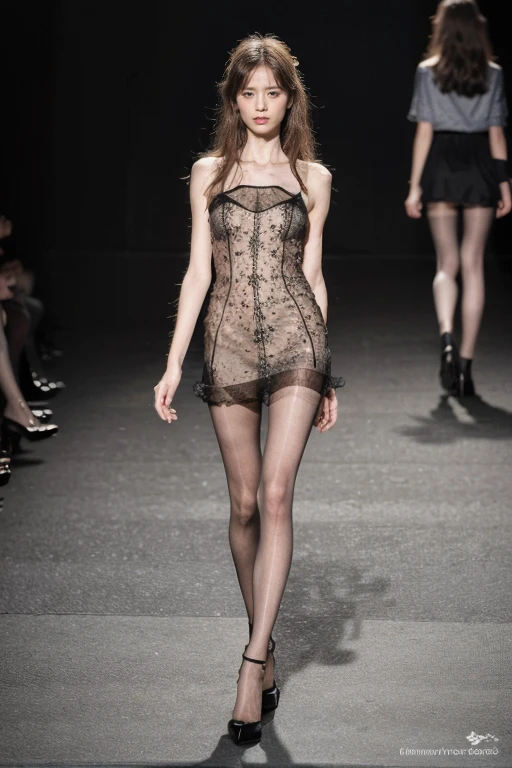 (masterpiece), (best quality), (Extremely detailed),(Messy hair),(illustration), (1 Girl), (Fashion), permanent, fashion model, Looking at the audience, (interview:1.3), Beautiful and delicate eyes, Delicate and beautiful face, Perfect body,dress,Long legs,((Modern style fashion:1.2)),((Pantyhose)),High heel,Very detailed details,Stand on the catwalk