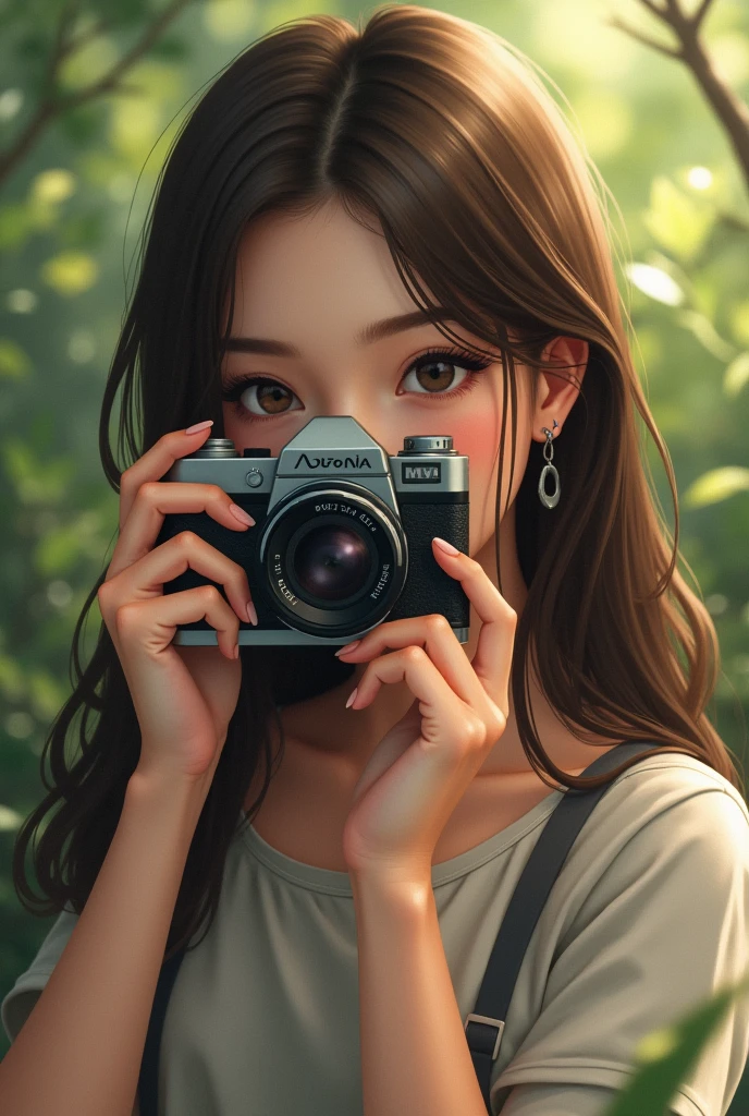  girl with long straight brown hair taking a photo without bangs 