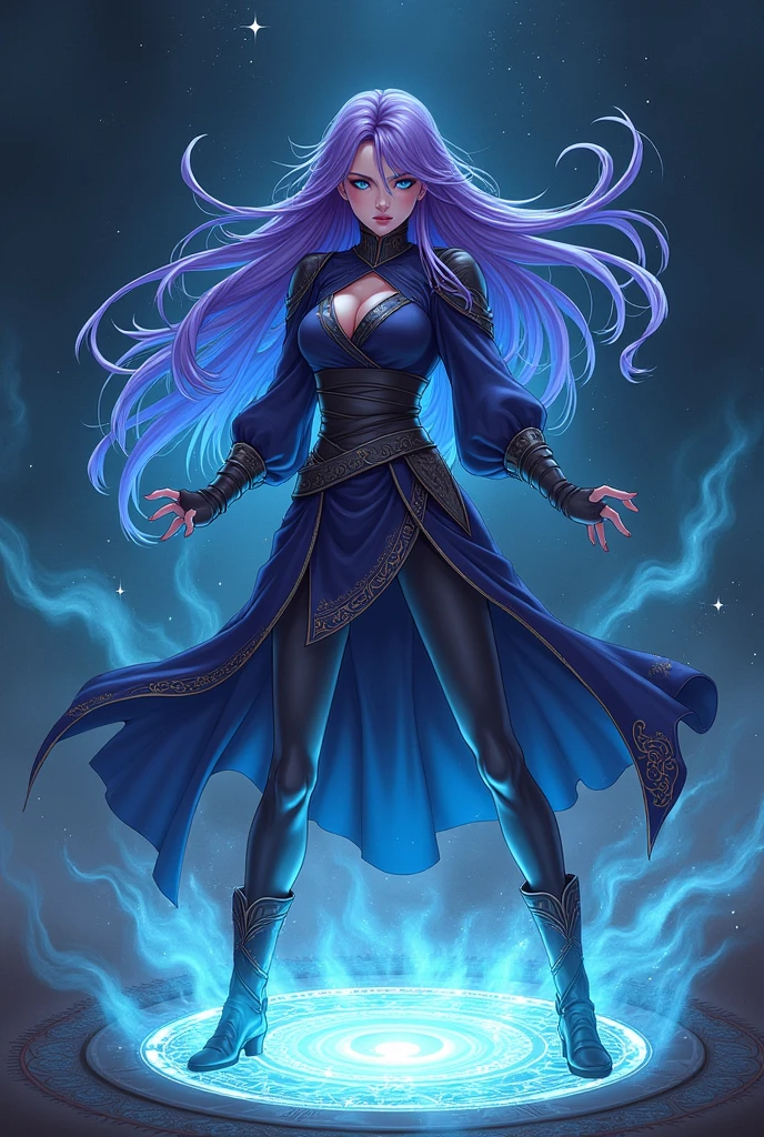 mage woman, perfect purple hair, perfect aquamarin eyes, astral circle, fighting stance, seriously, astral background, lots of stars, dark tones, epic line art, anime, artwork, masterpiece, dark ambient