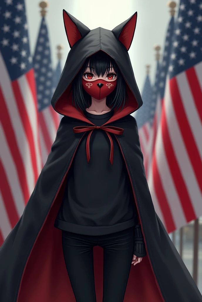 High_quality (1_loli_girl_with_flat_chest_wearing_Japanese_fox_mask_covering_couple_face)_hood_on_reviewer_black_red_cloak_cloak_tight_black_red_shirt_shirt_type_black_pant) background_americans_flags