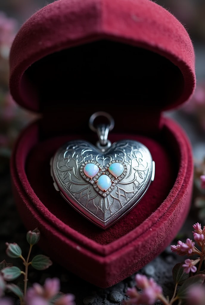 A velvet-covered box, revealing a stunning silver locket. The locket was shaped like two interconnected hearts, with intricate engravings of flowers and leaves on its surface. In the center of each heart was a small, shimmering opal, surrounded by tiny diamonds.