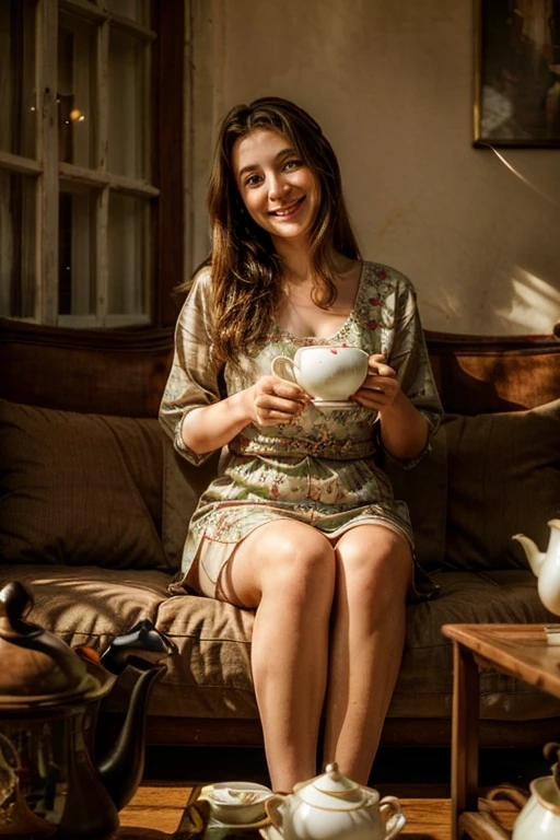 tea time, young woman sitting in front of her ghost grandmother, drinking tea, tea set, smiling, beautiful scene. full hd, full bodies, full 4k