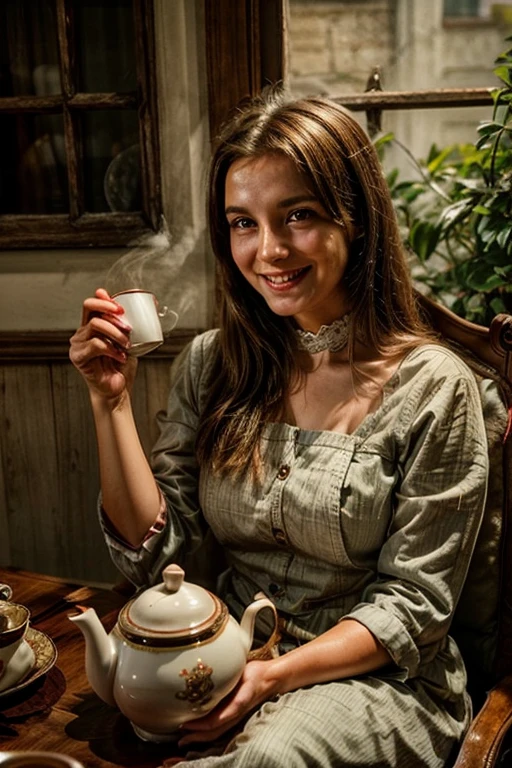 tea time, young woman sitting in front of her ghost grandmother, drinking tea, tea set, smiling, beautiful scene. full hd, full bodies, full 4k