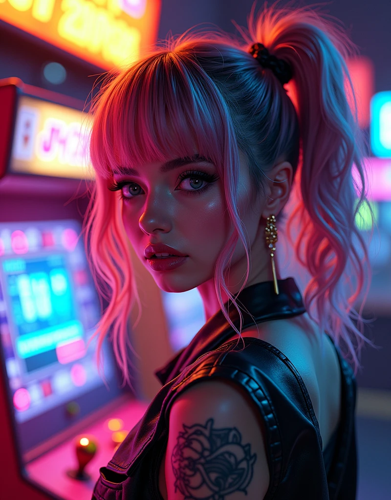(((Anime:2.0)) A cyberpunk girl with 80s style neon hair, (retro video game aesthetic), nostalgic arcade cabinet, bright neon colors, dynamic pose, highly detailed, anime-realistic, 8k, HDR, cinematic lighting, vibrant, more detail, enhanced, poakl